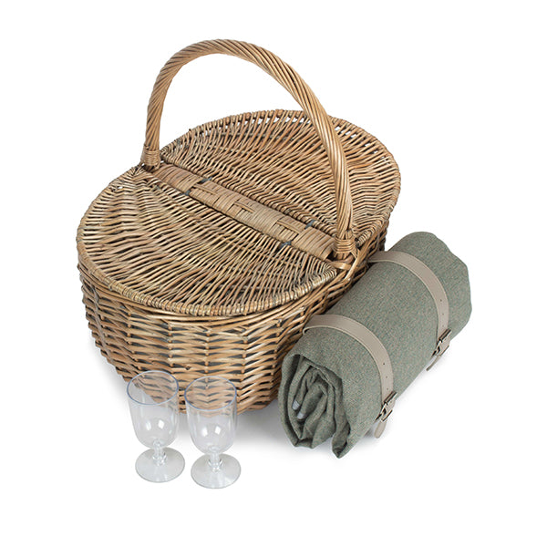 2 Person Oval Grey Sage Tweed Fitted Hamper