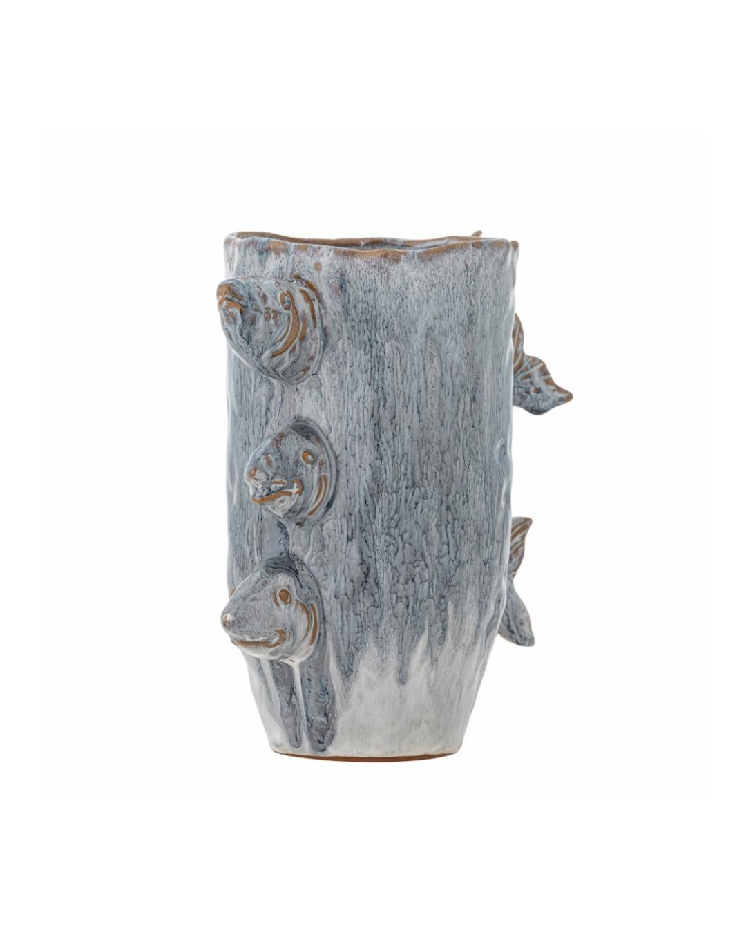 Side view of the Stoneware fish vase with three decorative fish and blue reactive glaze