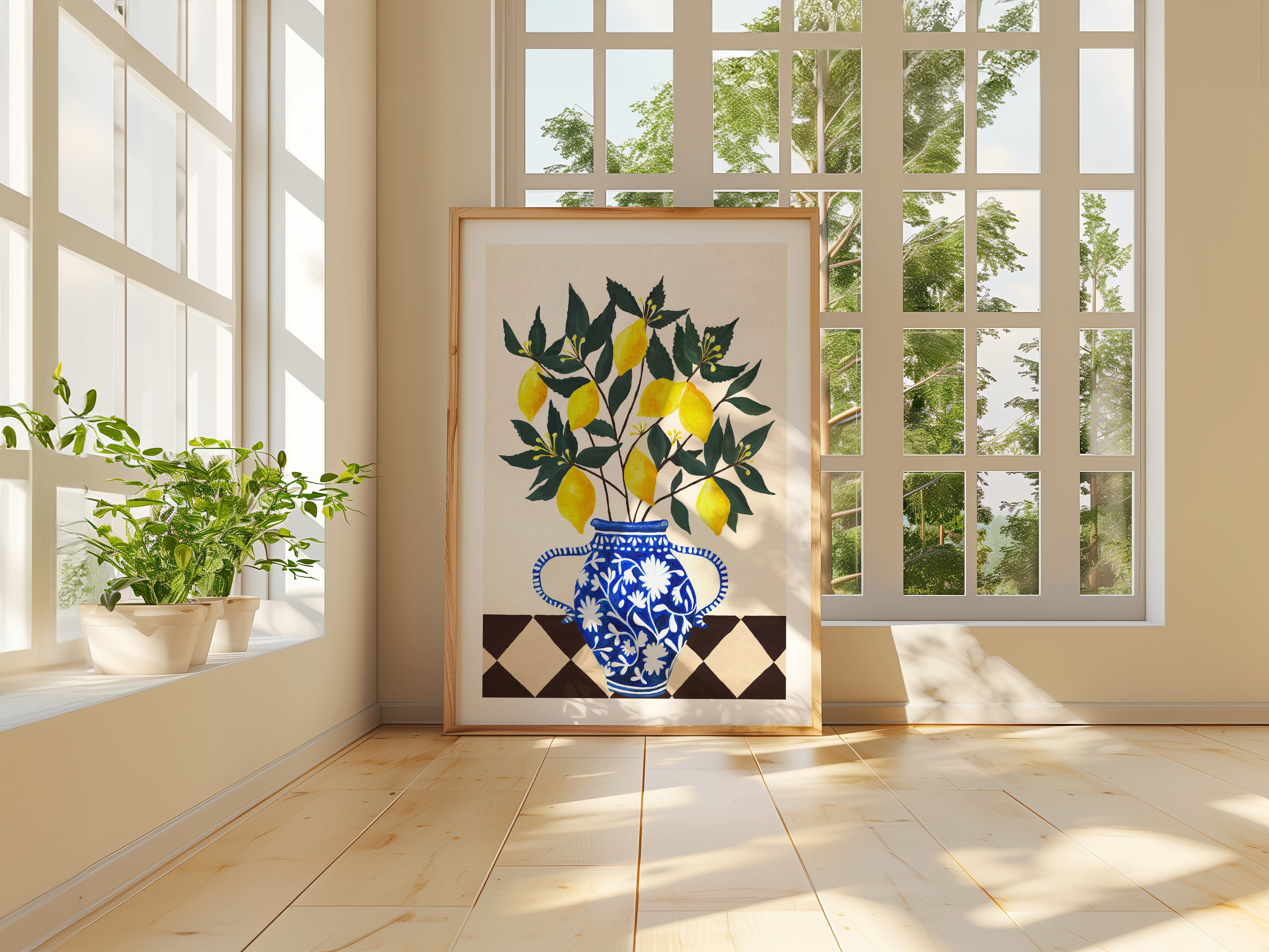 Decorative frame wall art with a blue floral vase and a branch of lemons in a bright room with large windows.
