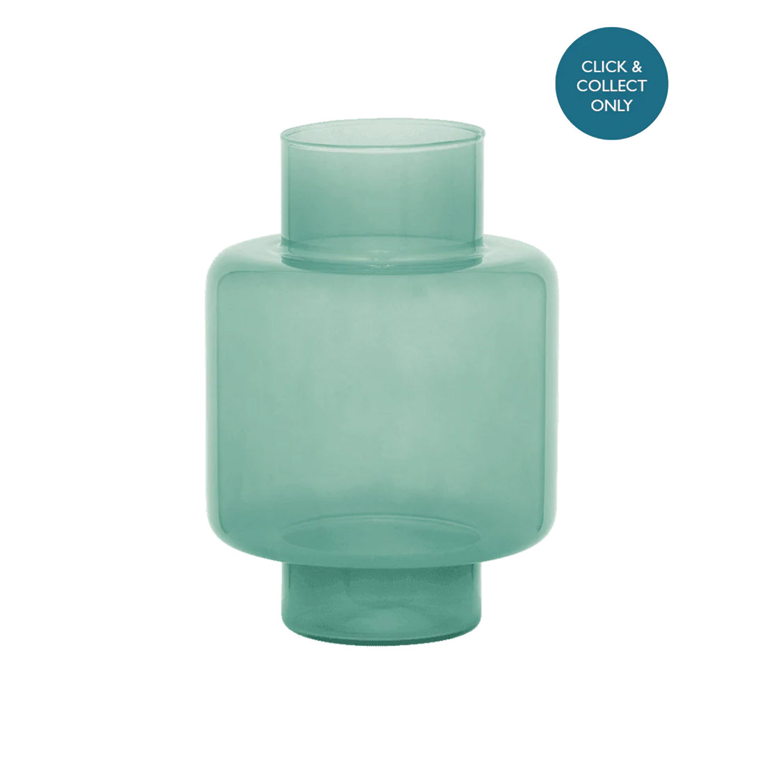 A green glass vase with a contemporary, dynamic cylindrical shape.