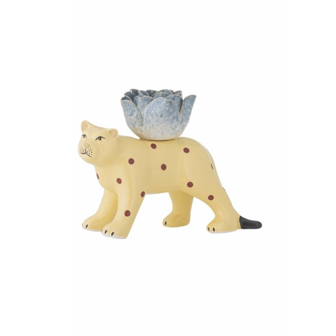 Rory Yellow Red Spot Candle Holder, hand-painted stoneware with flower-shaped top, playful and whimsical décor, 18x13.5x7.5 cm, unique home accessory
