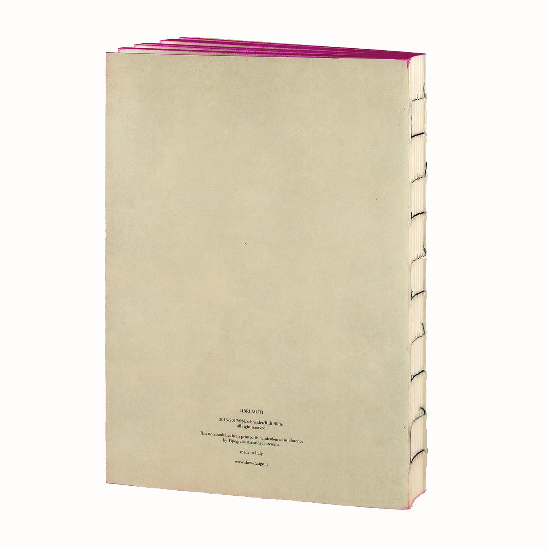 back view of Romeo & Juliet handmade notebook, Libri Muti Collection with soft cover and hand-coloured slice, made in Florence, Italy.