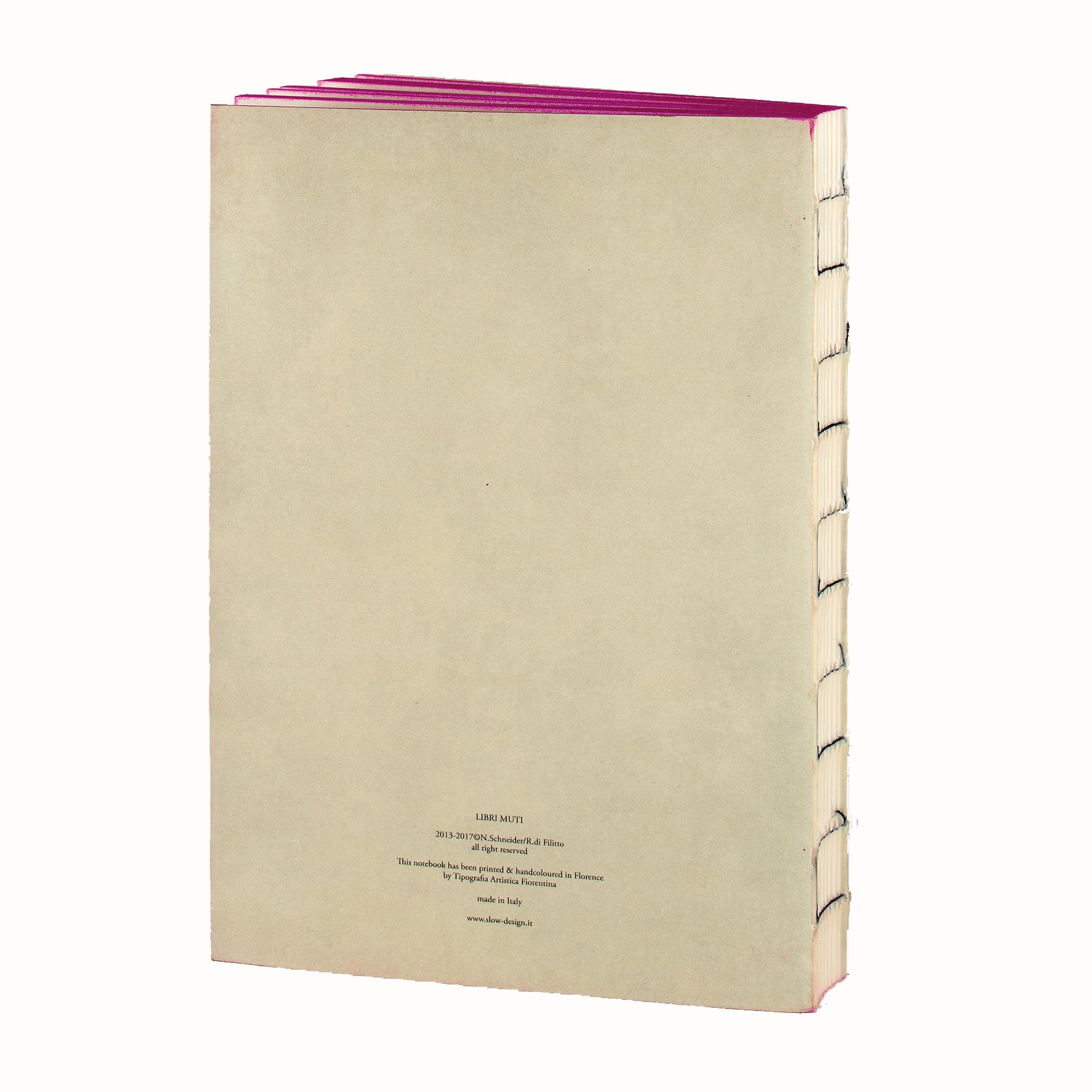 back view of Romeo & Juliet handmade notebook, Libri Muti Collection with soft cover and hand-coloured slice, made in Florence, Italy.