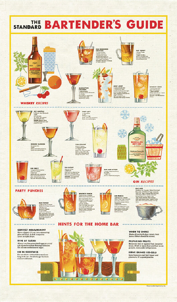 A vintage-style cotton tea towel with a bartenders guide printed on it, featuring various cocktail illustrations.