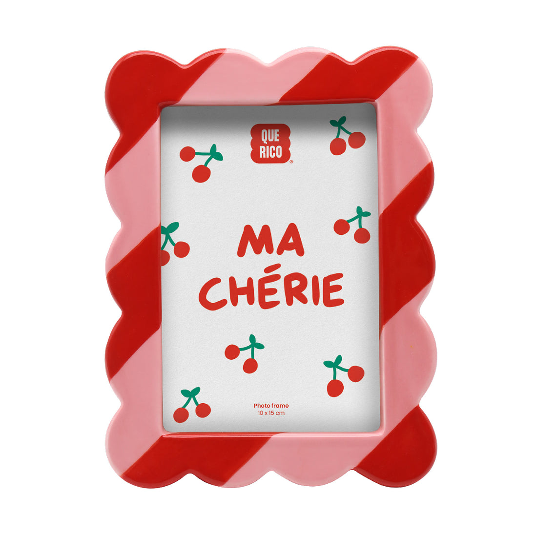 Front view of the Francisco ceramic picture frame with red & pink striped pattern, rounded edges, and space for a 10 x 15 cm photo