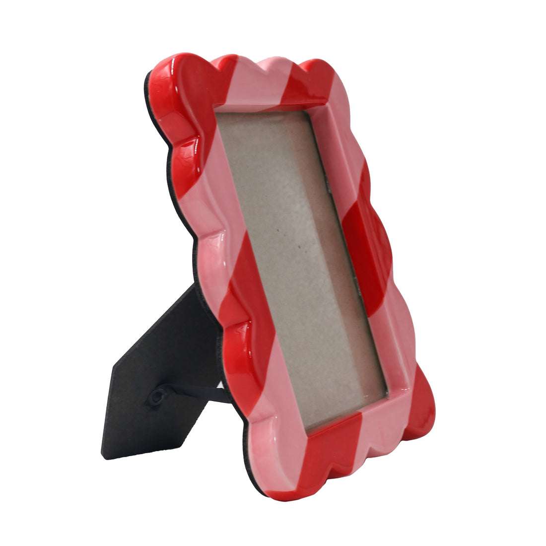 Side View of the Francisco ceramic picture frame with red &amp; pink striped pattern, rounded edges, and space for a 10 x 15 cm photo