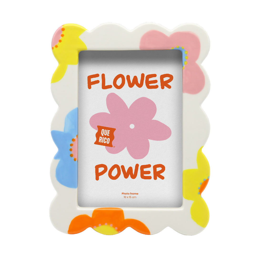 Front view of the Francisco ceramic picture frame with colorful flower pattern, rounded edges, and space for a 10 x 15 cm photo