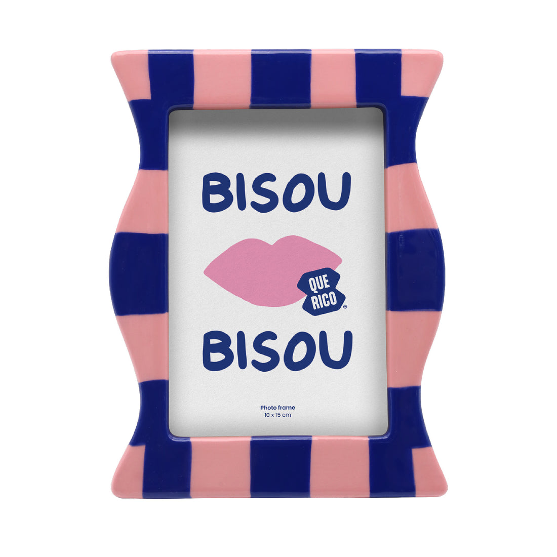 Front view of the Francisco ceramic picture frame with blue &amp; pink checks pattern, rounded edges, and space for a 10 x 15 cm photo