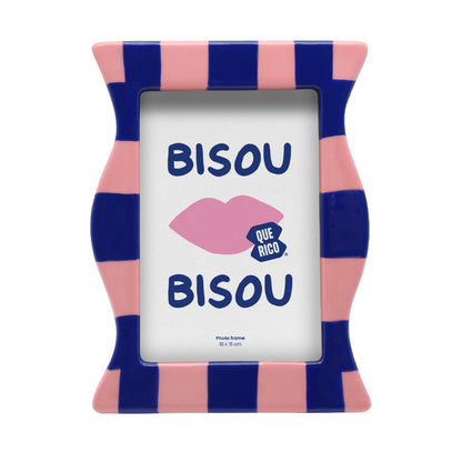 Front view of the Francisco ceramic picture frame with blue &amp; pink checks pattern, rounded edges, and space for a 10 x 15 cm photo