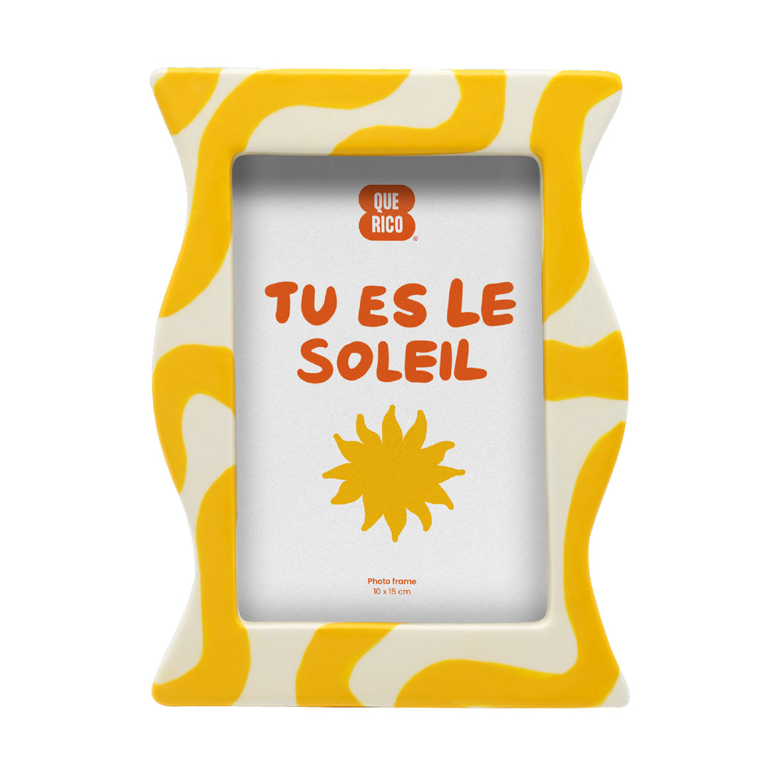 Front view of the Francisco ceramic picture frame with yellow wavy stripes pattern, rounded edges, and space for a 10 x 15 cm photo