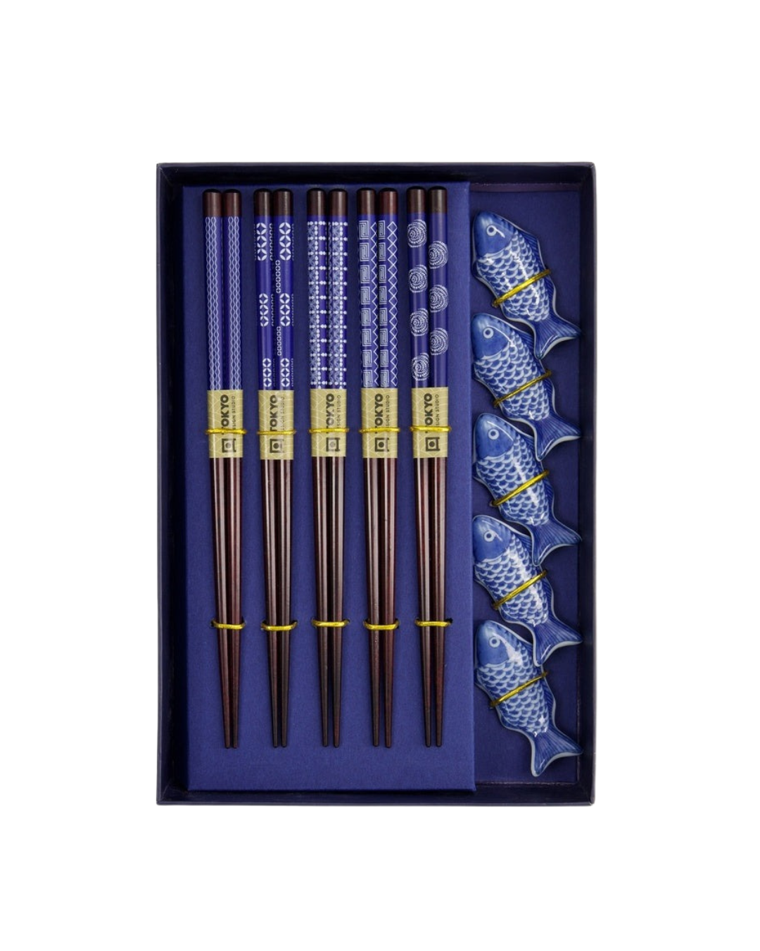 10 reusable chopsticks with 5 fish-shaped porcelain rests being used for sushi