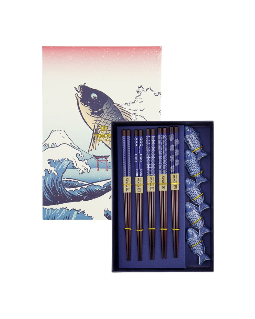10-piece fish chopsticks gift set with gift box lid next to it, showing 10 chopsticks and 5 porcelain rests