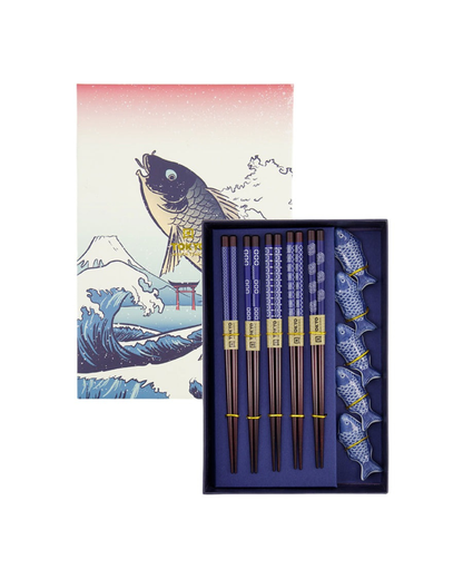 10-piece fish chopsticks gift set with gift box lid next to it, showing 10 chopsticks and 5 porcelain rests