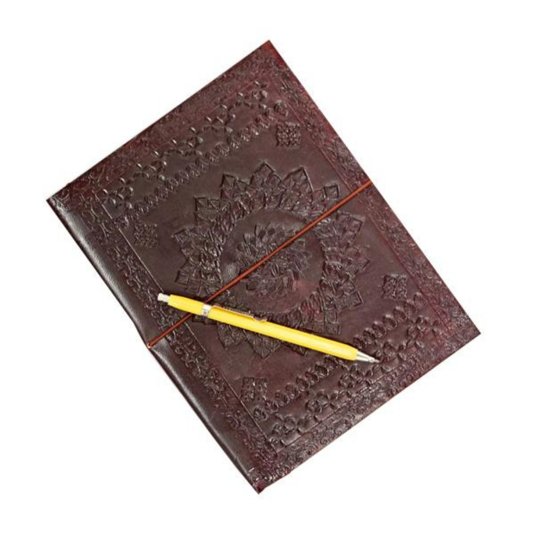 Handcrafted large leather journal with embossed cover, featuring unlined handmade khadda paper, a practical elastic closure, and a vintage aesthetic.