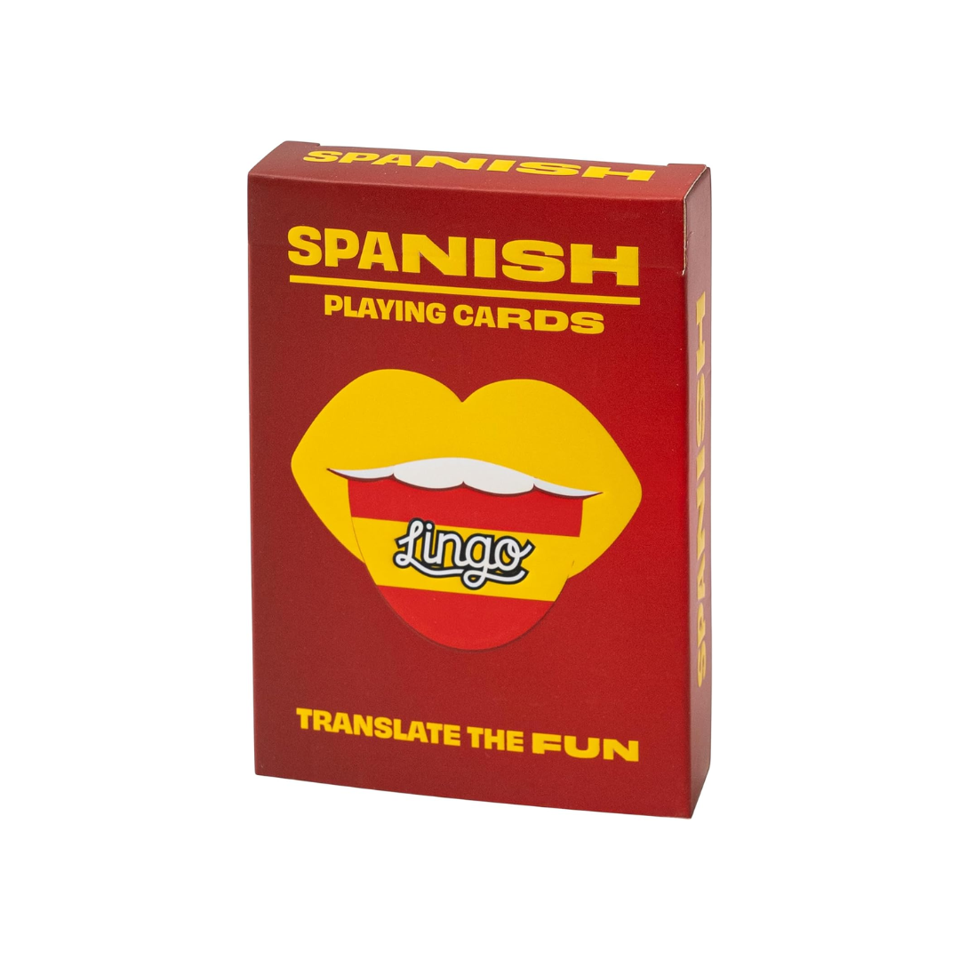 Red box of Spanish playing cards with yellow text and a graphic of lips on a white background