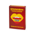 Red box of Spanish playing cards with yellow text and a graphic of lips on a white background