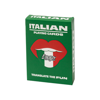 Green box of Italian learning playing cards with red and white lips design on a white background