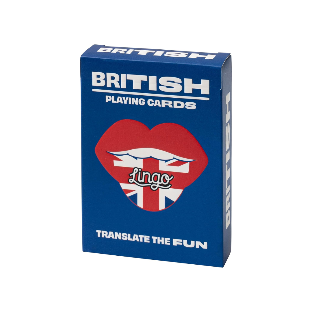 Blue box of British playing cardson a white background