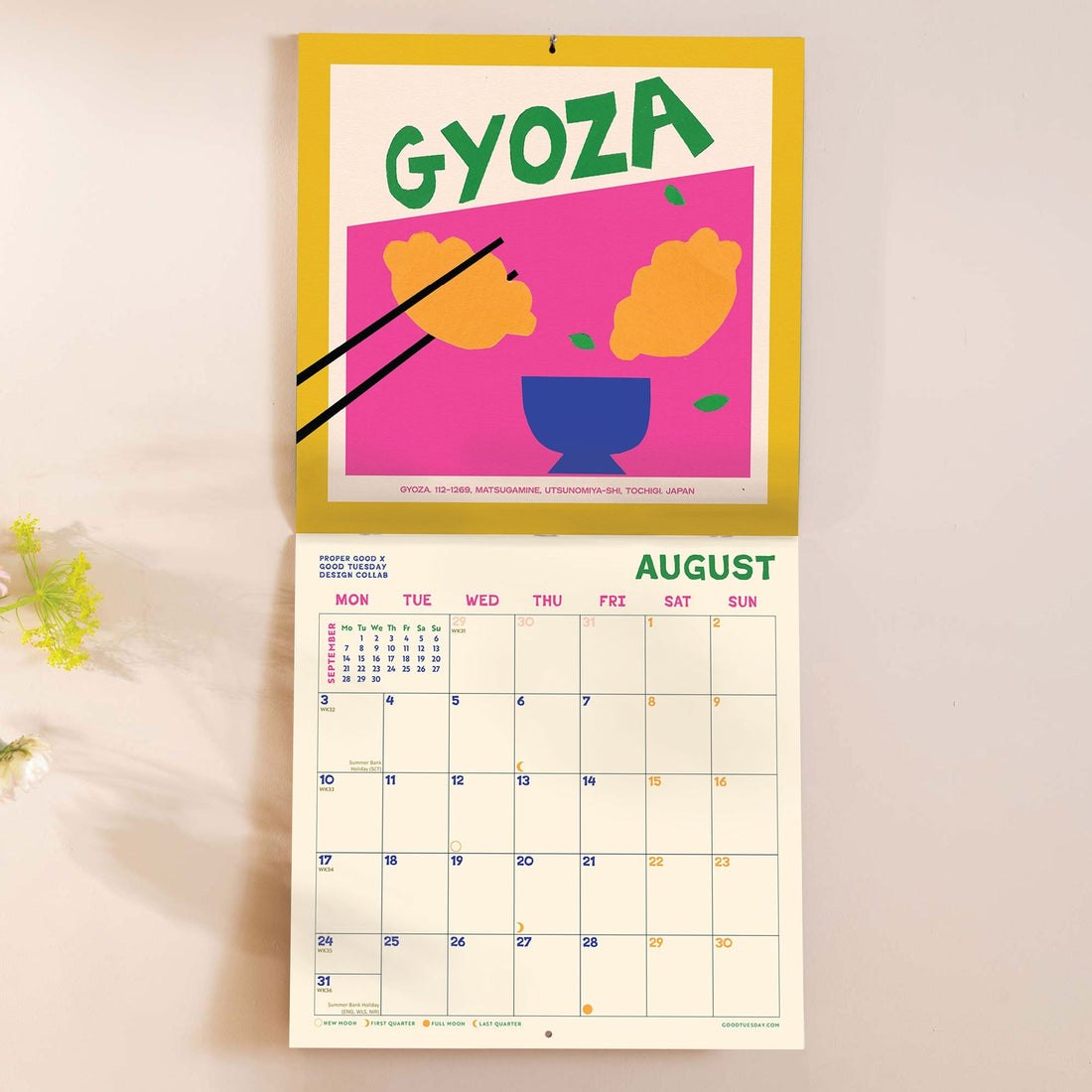 Calendar with a design of gyoza dumplings and the word &