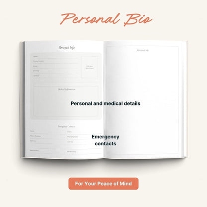 Open diary with sections for personal info, personal and medical details, and emergency contacts on a white background.