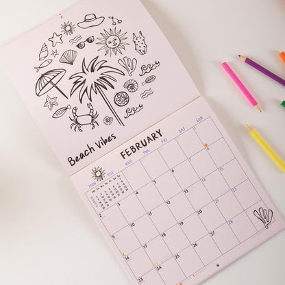 Details of the 2026 colouring wall calendar with month-to-view layout and illustrations to colour
