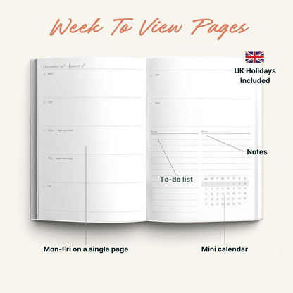 Open planner showing weekly layout with UK holidays included, to-do list, and mini calendar.