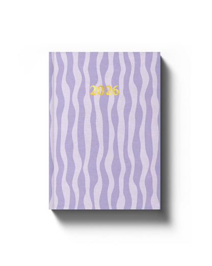 2026 diary available in A5 (14.8 × 21 cm)  with purple striped softcover, gold foil accents, week-to-view layout, sewn binding, 100 GSM white paper, and UK holidays