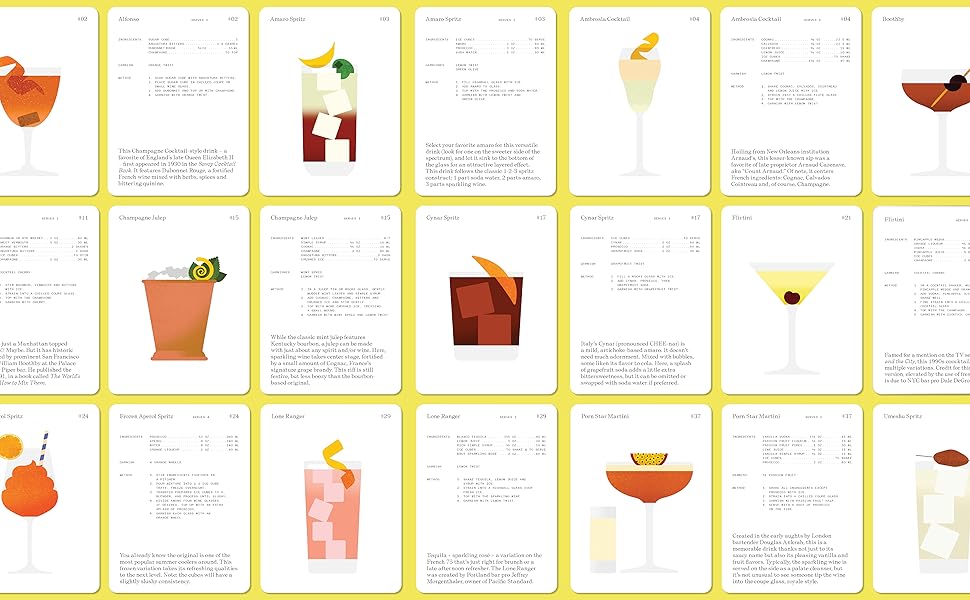 Set of cocktail recipe cards with illustrations on a yellow background
