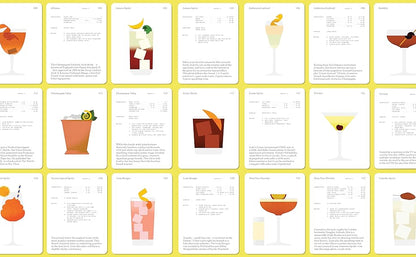 Set of cocktail recipe cards with illustrations on a yellow background