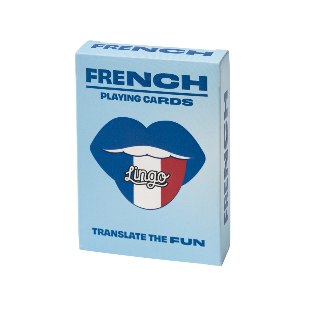 Box of French playing cards with a blue and red design on a white background