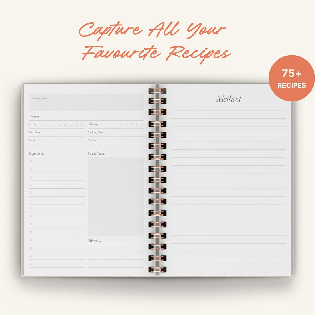 Recipe book with spiral binding on a white background, featuring text &