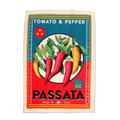 A vintage style cotton tea towel with a retro passata print featuring red and yellow peppers, tomatoes, and the text &