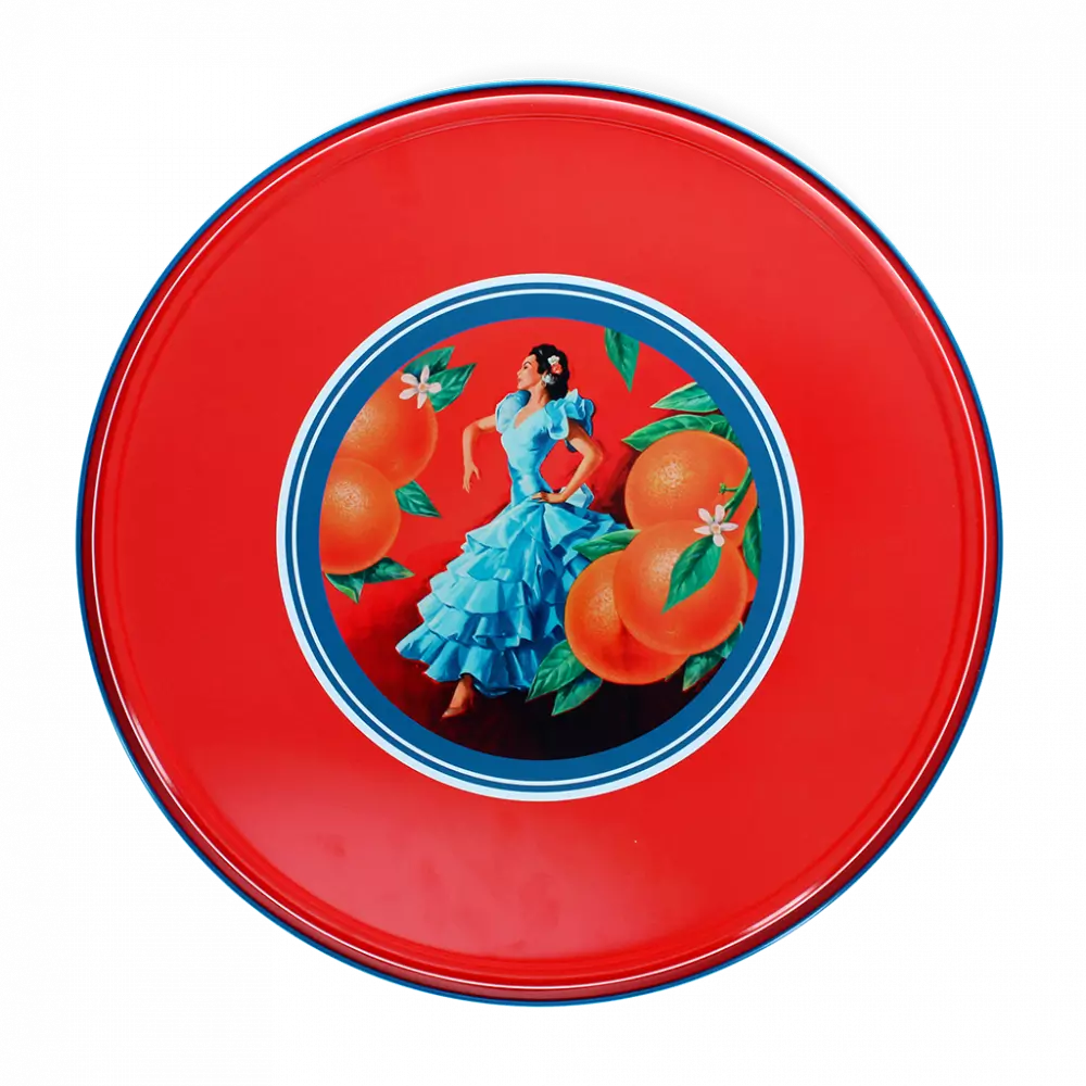 Red tray with a colorful design of a woman in a blue dress and oranges on a white background