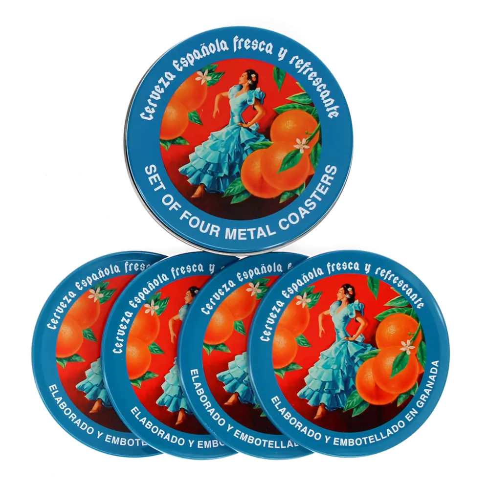 Set of four metal coasters with Cerveza Española branding and design.