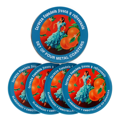 Set of four metal coasters with Cerveza Española branding and design.