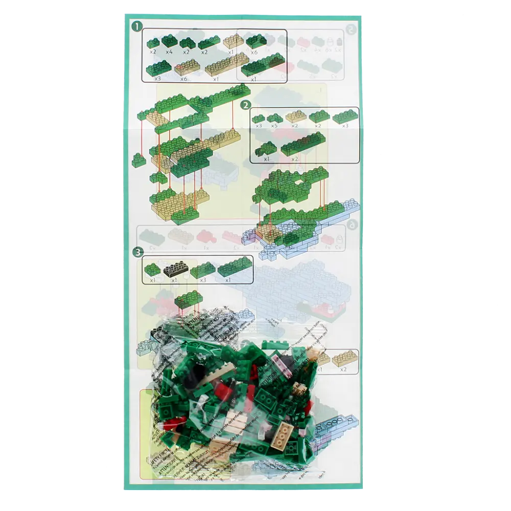 Model building kit for the Tyrannosaurus Rex Dinosaur Brick Building Kit with green blocks and instructions on a white background