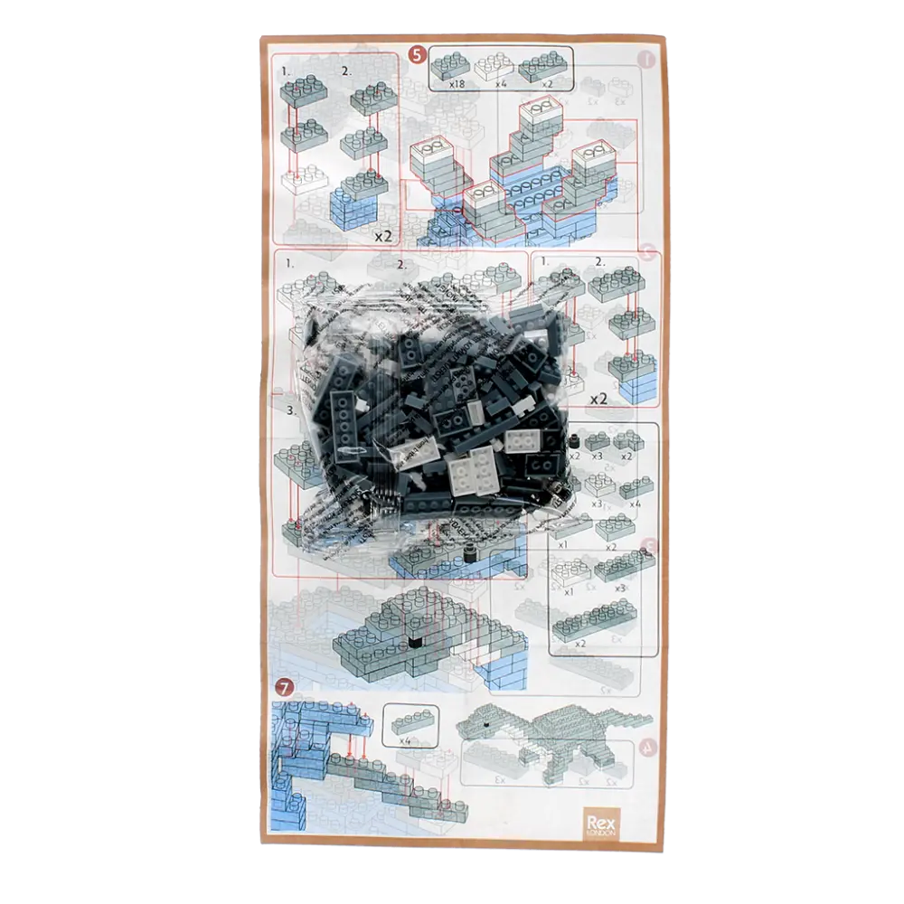 Model building kit for the Grey Diplodocus Rex Dinosaur Brick Building Kit with green blocks and instructions on a white background