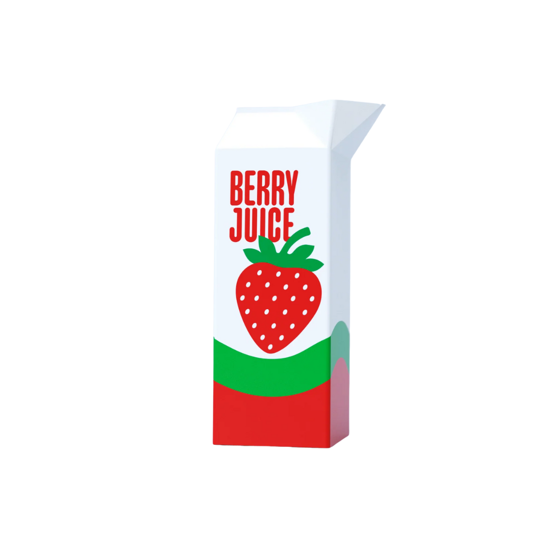 Ceramic berry juice carton vase with a strawberry illustration on a white background