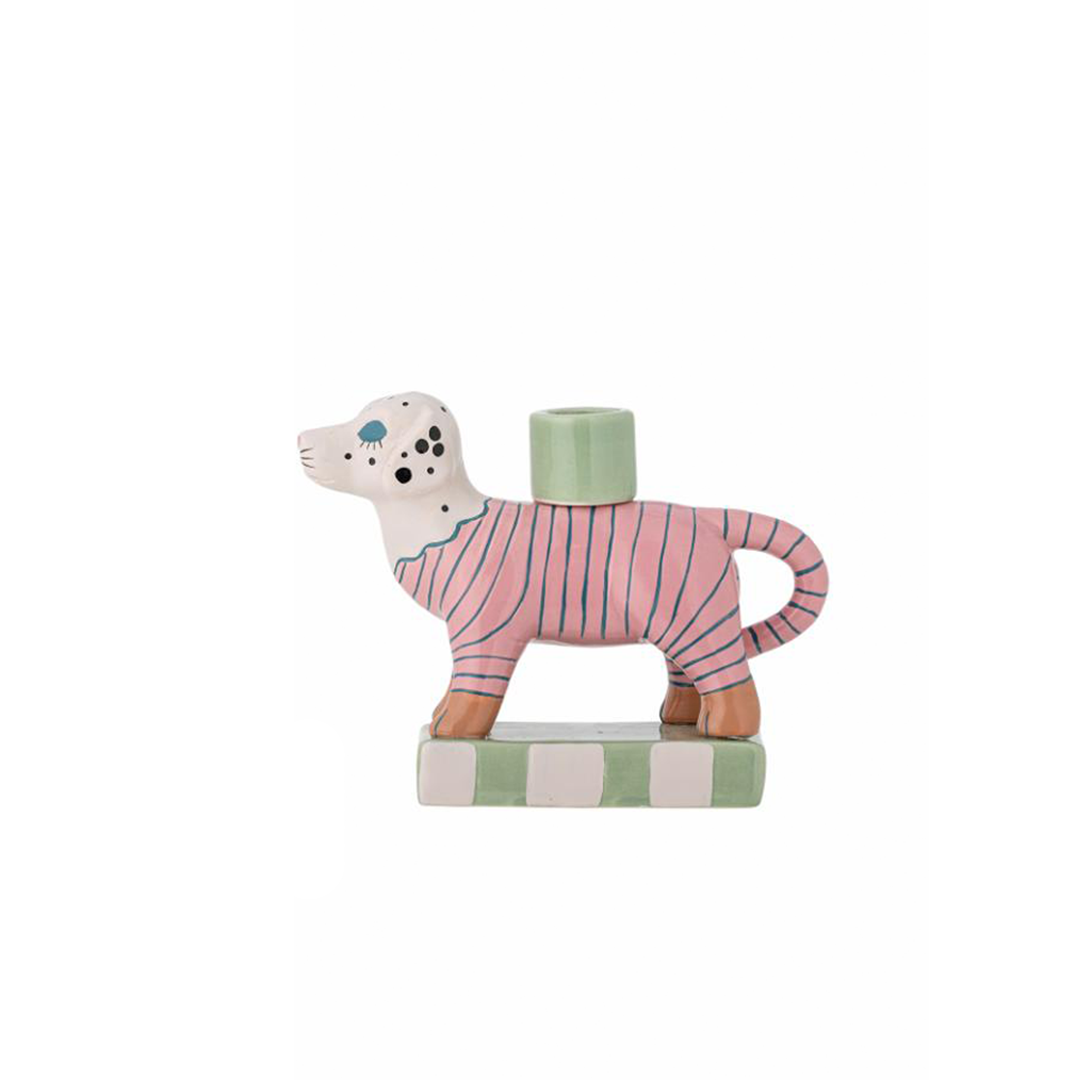 Dog Small Stripes Candle Holders hand-painted stoneware dogs with pink, black, and blue dots and stripes, standing on green and white checkered bases, unique home décor