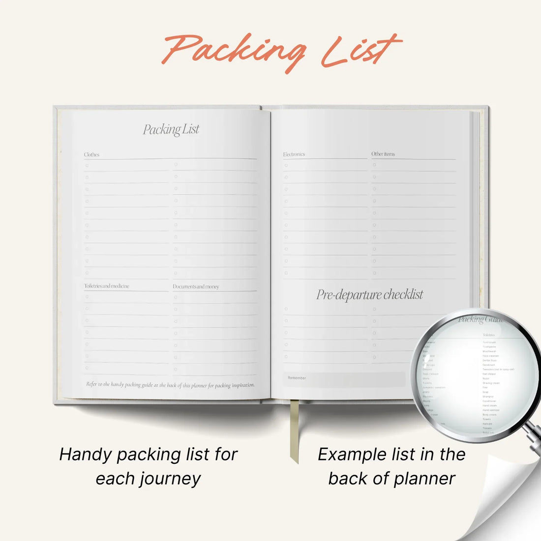 Open A5 travel planner displaying the Packing List  and Pre-departure checklist pages, featuring organized sections for trip planning, budgeting, and travel details in a clean, user-friendly layout.
