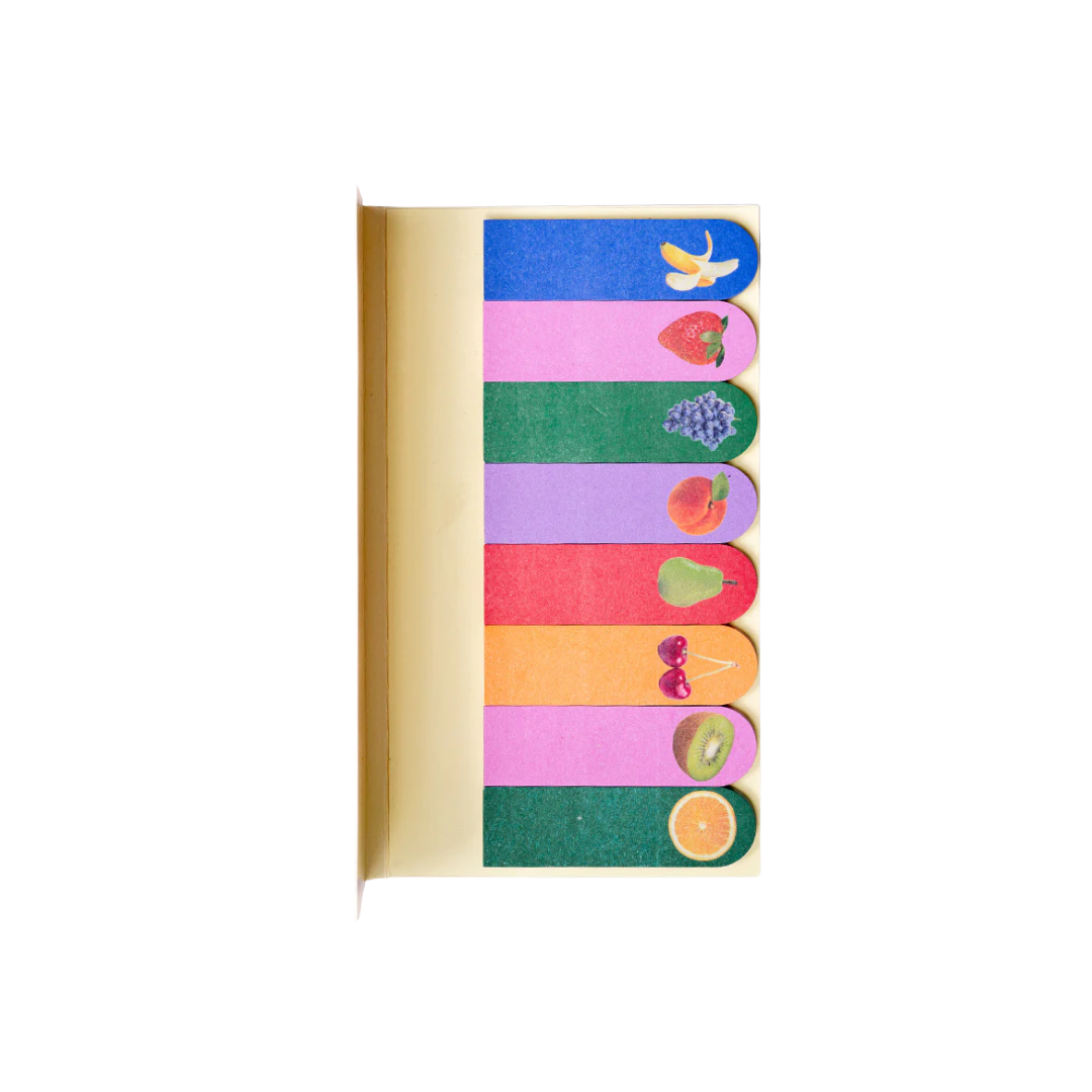 Colorful sticky notes with fruit designs on a white background