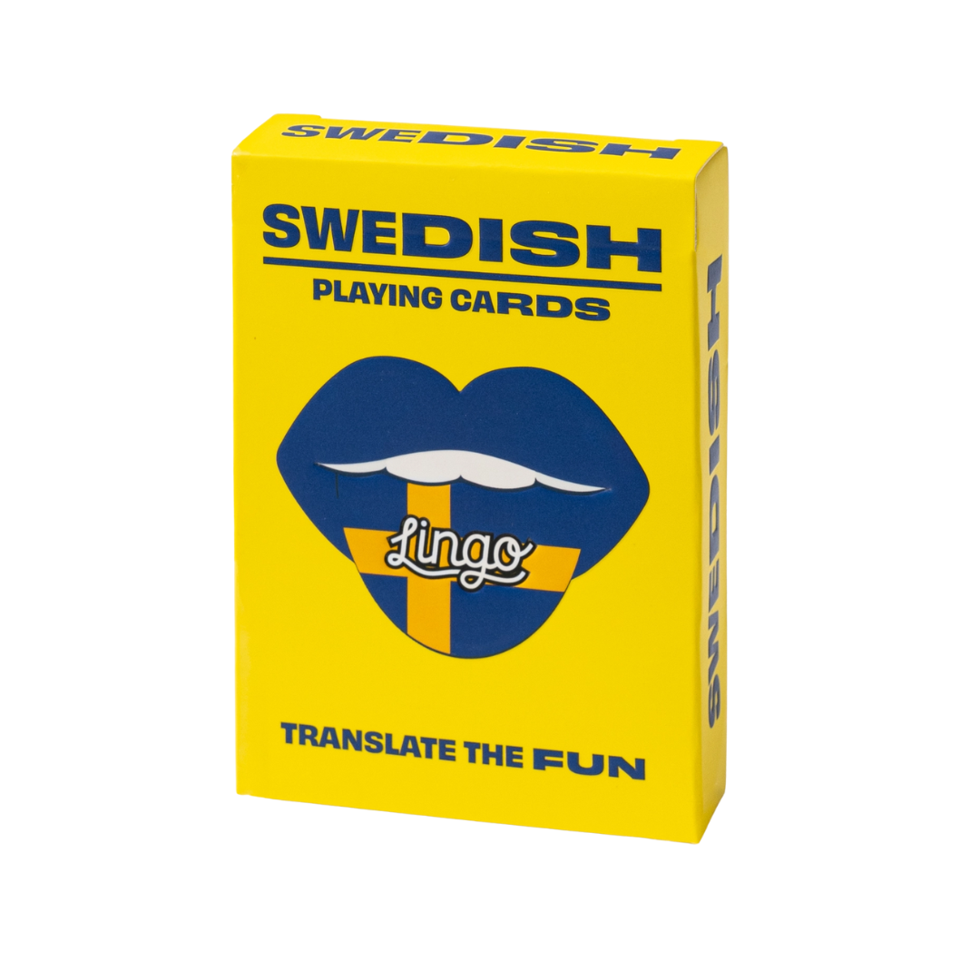 Swedish Lingo Playing Cards in a yellow box on a white background