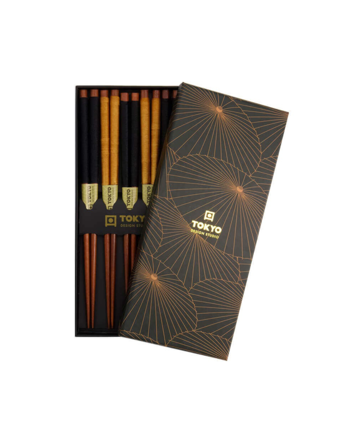 5-pair Golden Umbrella chopsticks gift set with gift box lid next to it, showing rope-wrapped wooden chopsticks