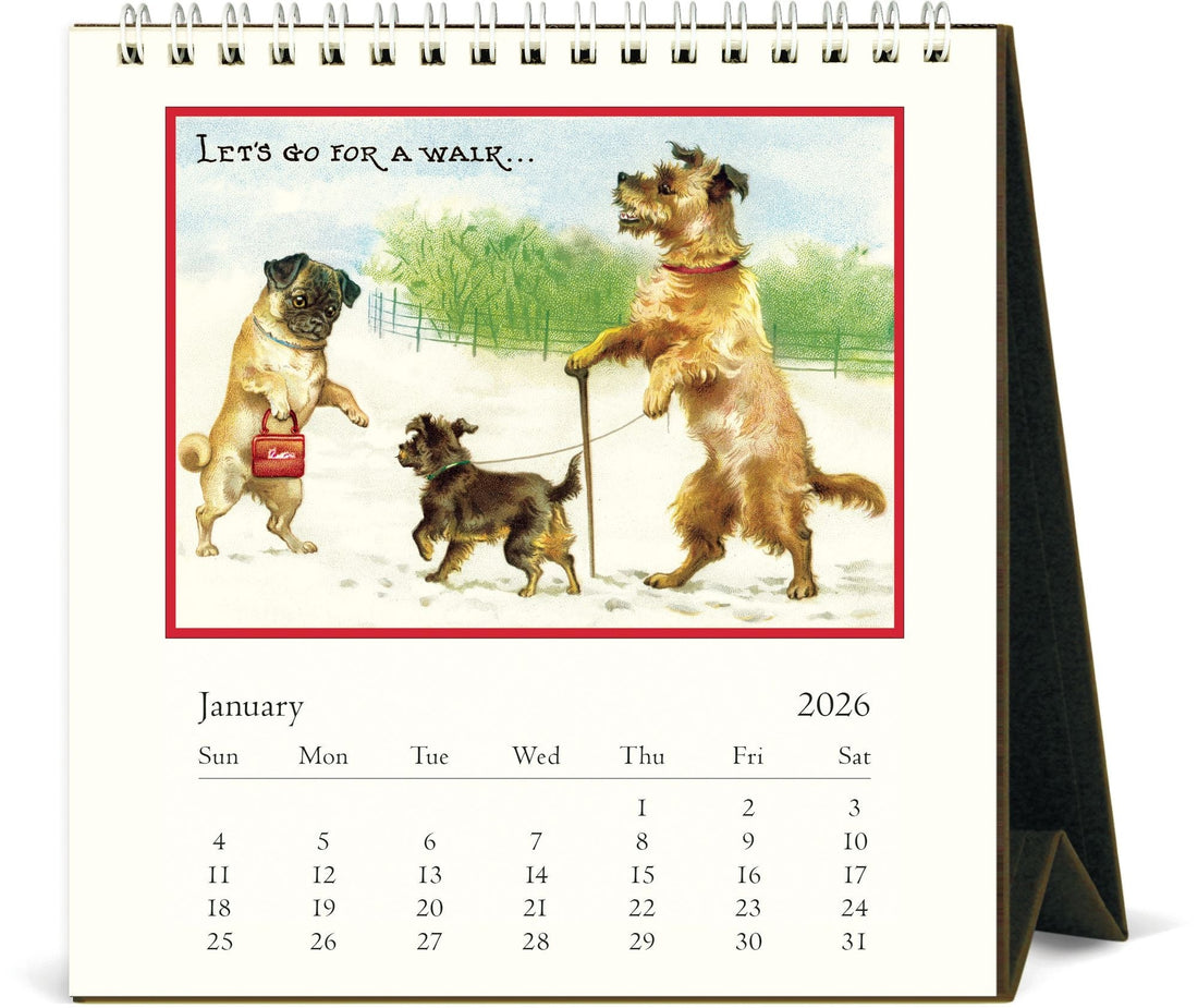 Calendar for January 2026 with vintage-style illustration of dogs on a stand.