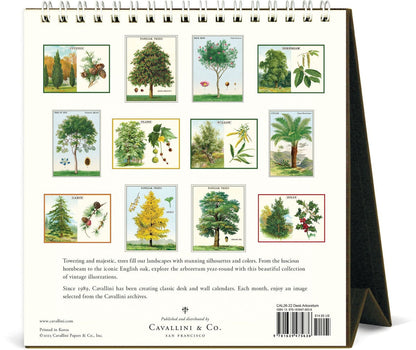 Back of the Arboretum Desk Calendar 2026 featuring vintage tree illustrations from Cavallini archives, 12 months of botanical art, 15.2x16.5 cm, nature-inspired desk décor”