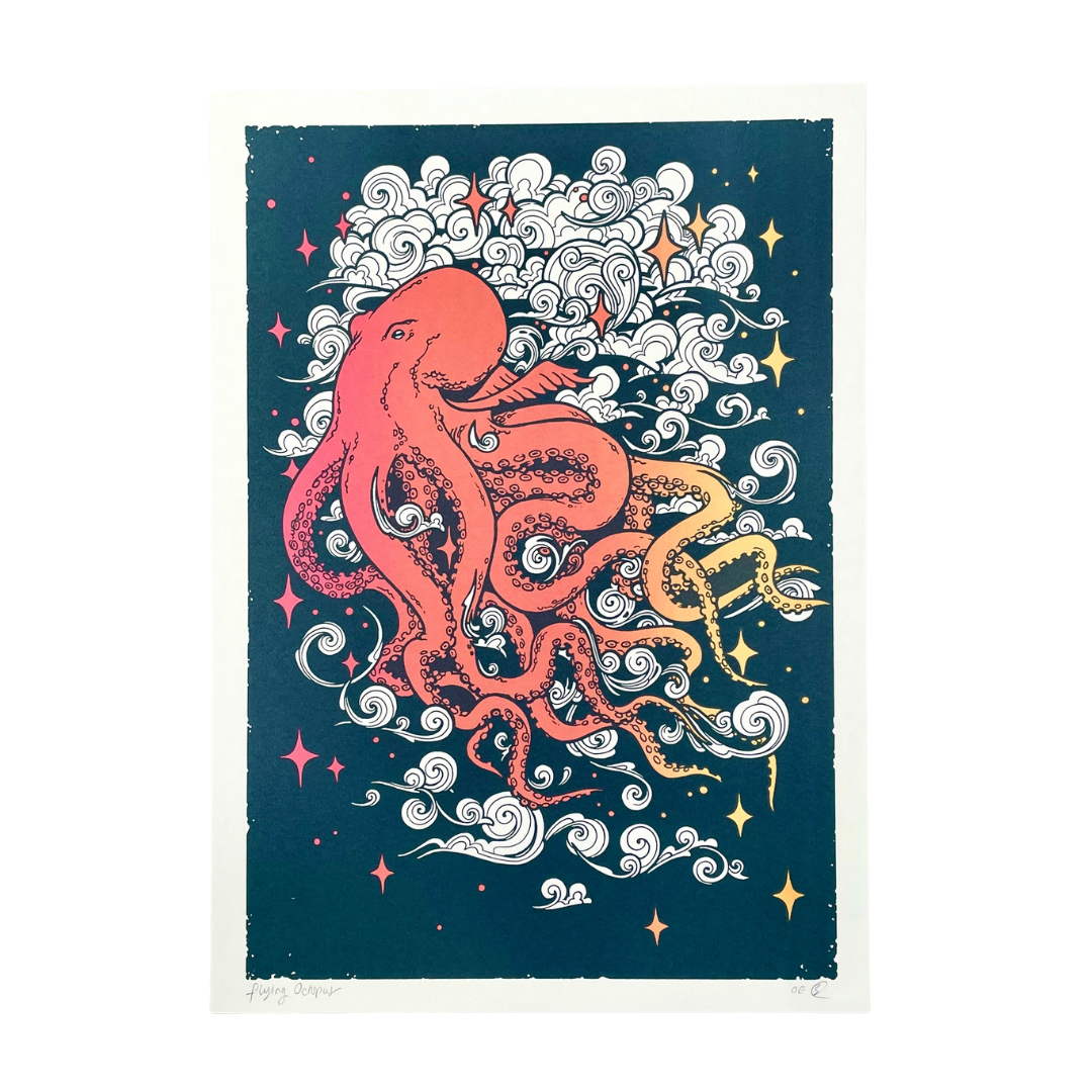 Fantasy Flying Octopus A3 Screen Print