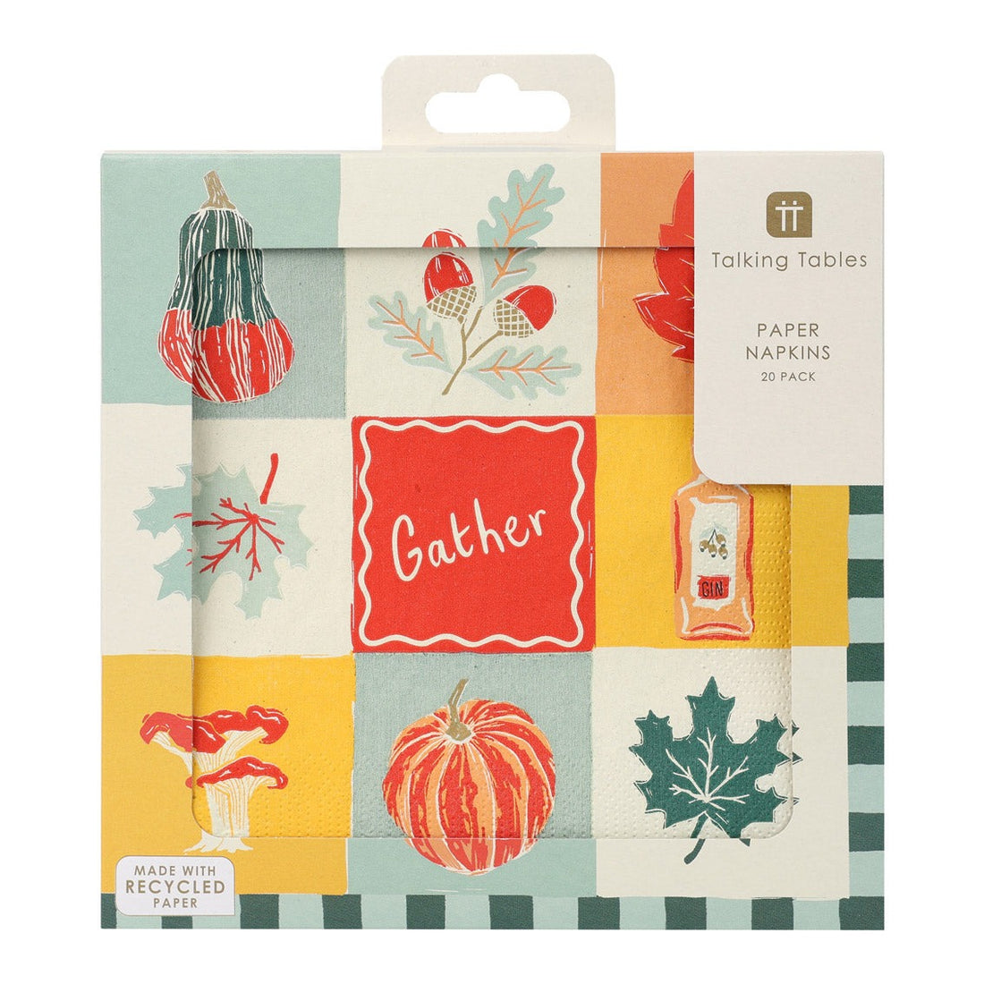 Pack of paper napkins with autumn-themed design on a white background