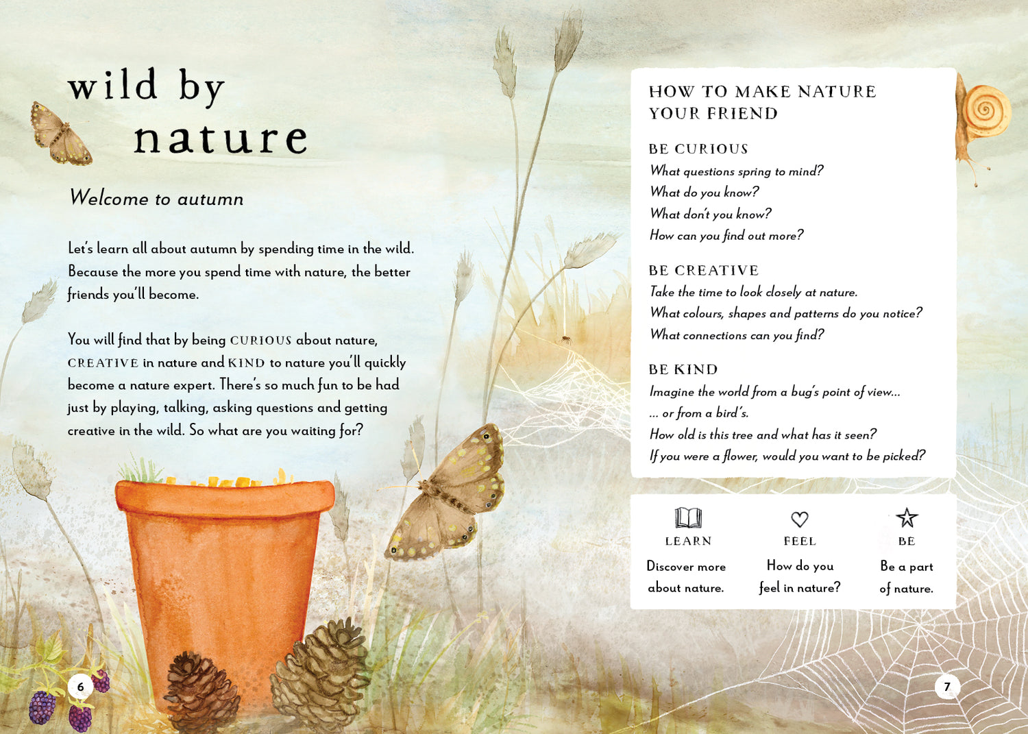 Nature-themed page with a pot, pinecones, and butterflies on a textured background.