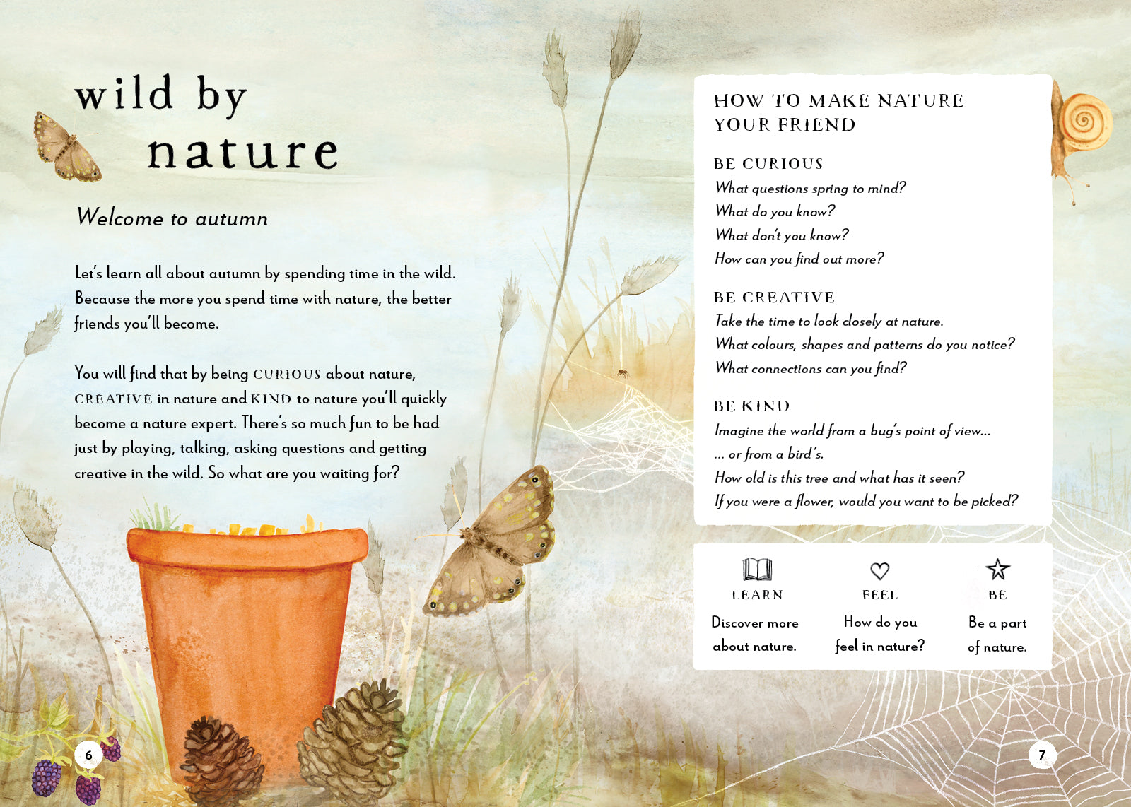 Nature-themed page with a pot, pinecones, and butterflies on a textured background.