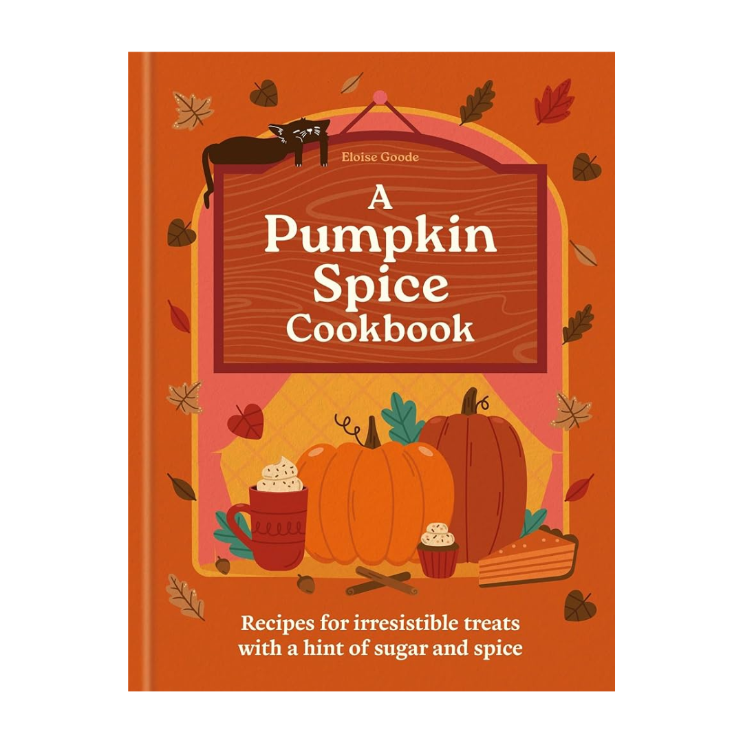 Pumpkin Spice Cookbook cover with pumpkins, leaves, and a cozy scene on an orange background